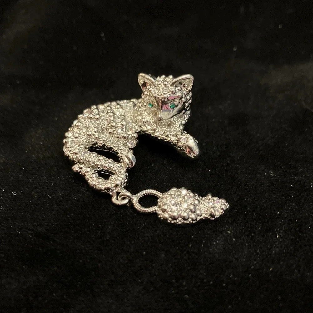 VTG Cat & Mouse Brooch Silver Tone Clear Pave Rhinestone Crystal Pin Green Eyes